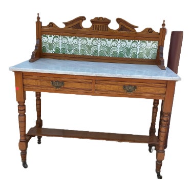 Early 20th Century Victorian-Style Rolling Work Cabinet With Marble Top and Decorative Tile For Sale