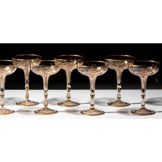 Set of 6 Antique Lobmeyr Enameled Hand Painted & Gilded Glass Champagne Coupe Wine Stems