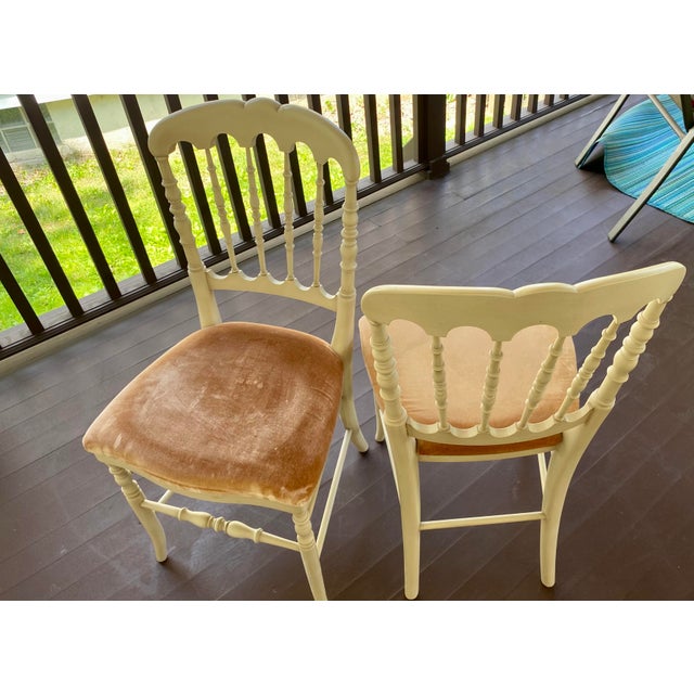 Pair of French made Grange dining chairs in crème with COM silk velvet cushions. No nicks or scratches. Excellent...