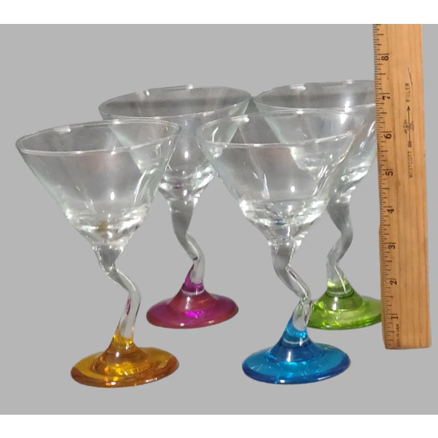 Set of Four Vintage Colorful Candy Bases Zic-Zac Stem Martini Glasses 6.5'' High 4.24'' Wide 2.75'' At Base. Very good...