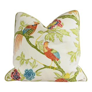 Designer Schumacher Chinoiserie Botanical Floral Linen Feather/Down Pillow 21” Square For Sale