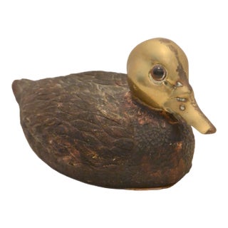 Mid-Century Mixed Media Hand-Carved Hardwood & Solid Cast Brass Waterfowl Figurine For Sale