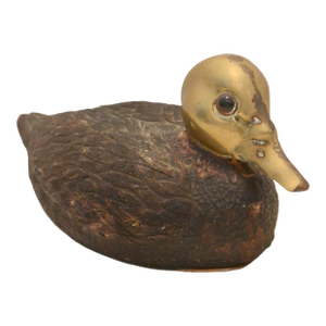 Mid-Century Mixed Media Hand-Carved Hardwood & Solid Cast Brass Waterfowl Figurine