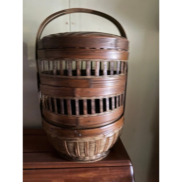 Beautiful 1970's three-tier Chinese Mid Century bamboo wedding/sewing basket.Excellent condition. Width: 11 inches Height:...