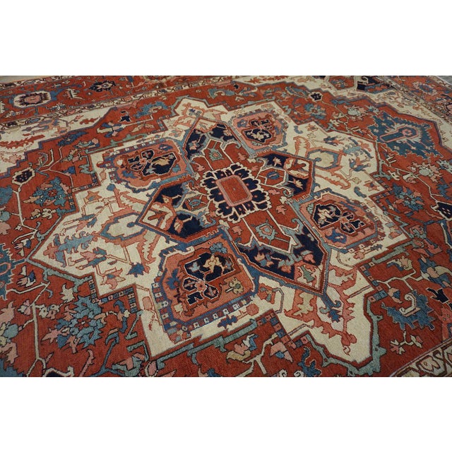 1880s Red Ivory Rustic Medallion Antique Persian Heriz Serapi Rug 11'8" X 14' Handknotted Wool Carpet For Sale - Image 4 of 6
