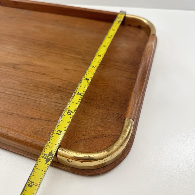 Brown Mid Century Modern Good Wood Genuine Teak Serving Tray With Brass Accents | Danish Modern Butler Tray | Vintage For Sale - Image 8 of 10