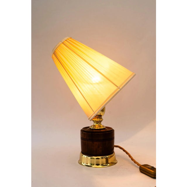 Metal Table Lamp with Original Nut Wood, Brass and Fabric Shade, Vienna, 1920s For Sale - Image 7 of 13