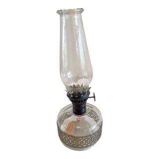 Vintage Miniature Oil Lamp, Clear Glass With Pierced Silver Metal Band For Sale