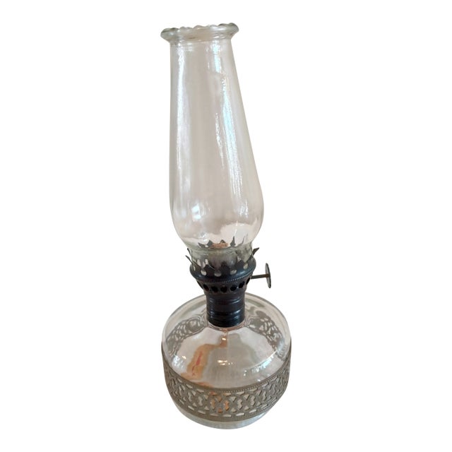 Vintage Miniature Oil Lamp, Clear Glass With Pierced Silver Metal Band For Sale