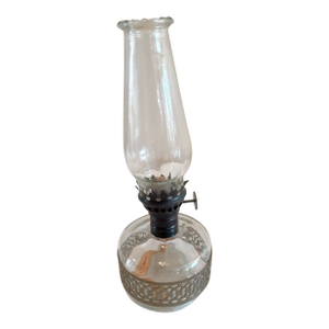 Vintage Miniature Oil Lamp, Clear Glass With Pierced Silver Metal Band