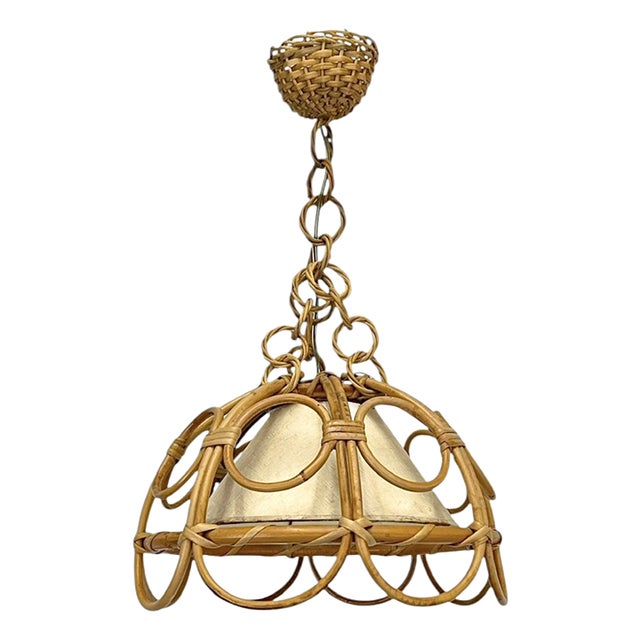 Bamboo & Rattan Pendant Lamp by Louis Sognot, France, 1960s For Sale