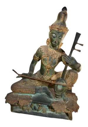 Vintage Thai Prince Musician Gilded Bronze Statue Mandolin Music Player