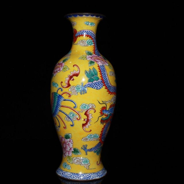 Vintage Chinese Gilt Copper Enamel "Dragon & Phoenix" Vase, Qianlong Mark - 615g For Sale In Los Angeles - Image 6 of 9