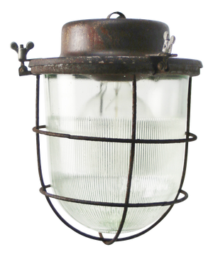 Vintage Industrial Rust Metal and Clear Cut Glass Pendant Light