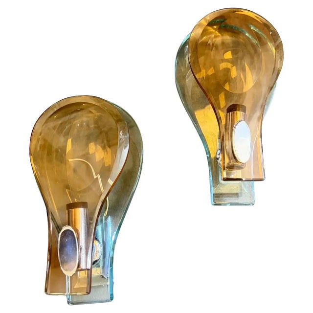 Mid-Century Modern 1960s Space Age Brown and Green Heavy Glass Wall Sconces by Veca For Sale - Image 3 of 12