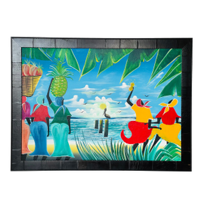 1960s Vibrant Haitian Coastal Painting on Canvas Signed, Framed