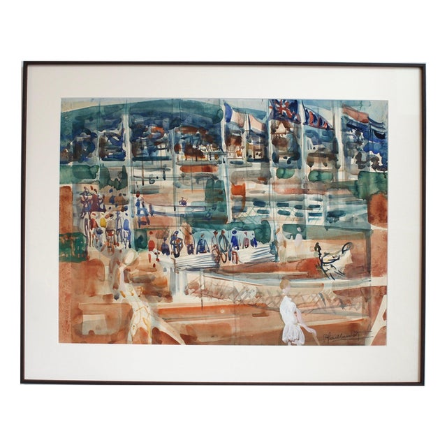 Pierre Gaillardot, Tennis Match on Clay, 1970s, Watercolour on Paper For Sale