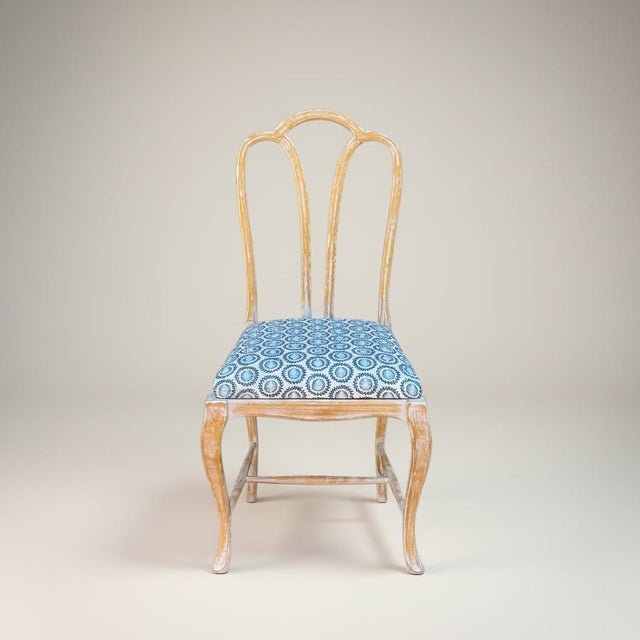 Gustavian Style Cerused Dining Chairs in New Blue & White Linen Set of 8 For Sale - Image 4 of 15
