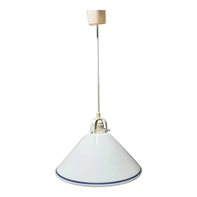 Vintage Cone Shaped Milk Glass Pendant Light Fixture White With Blue Ring For Sale