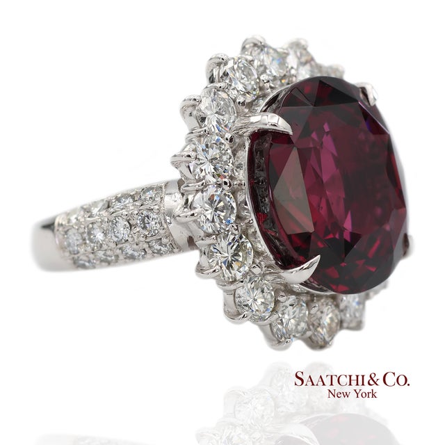 Early 21st Century Gia Certified Solid Platinum 900 Natural Diamond and Natural Garnet Ring, Size 6.25 For Sale - Image 5 of 13