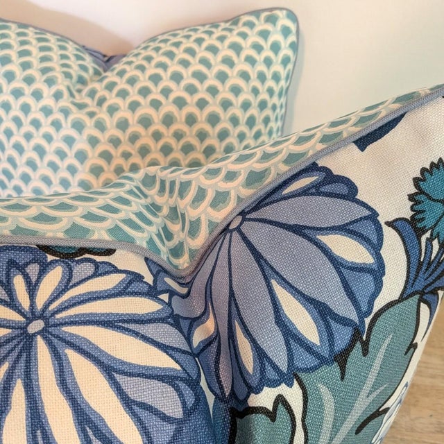 Schumacher Chiang Mai Dragon Pillows in China Blue with Brunschwig & Fils Aqua Pave print backs and blue Samuel & Sons...