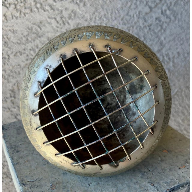 Circa 1970 Engraved Floral & Foliate Ikebana-Style Brass Pedestal Base Flower Frog For Sale - Image 9 of 14