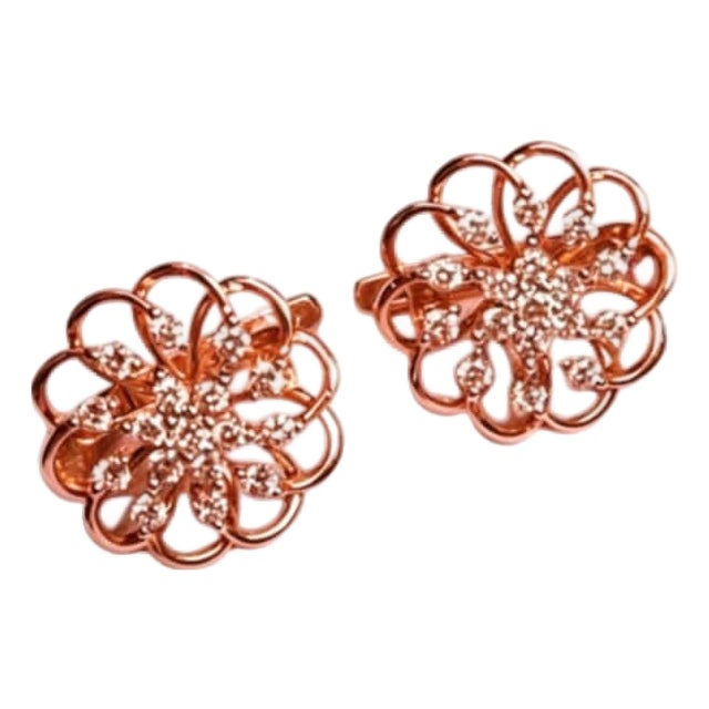 Late 20th Century Pair of 14K Rose Gold Diamond Floral Leverback Earrings For Sale