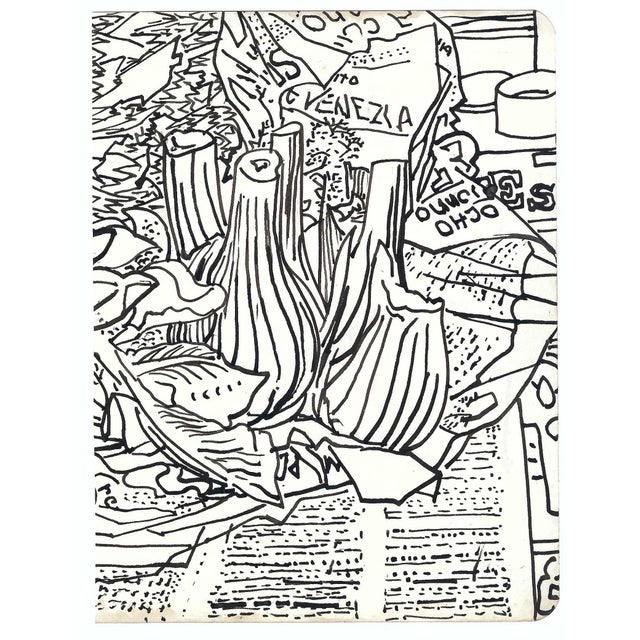 Black and white watercolor on paper of a tabletop with bulbs and newspaper by Robert Henry Angeloch (1922-2011). Studio...