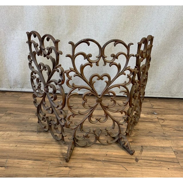 Spanish Vintage Spanish Style Heavy Cast Iron Three Panel Brown Fireplace Screen For Sale - Image 3 of 3