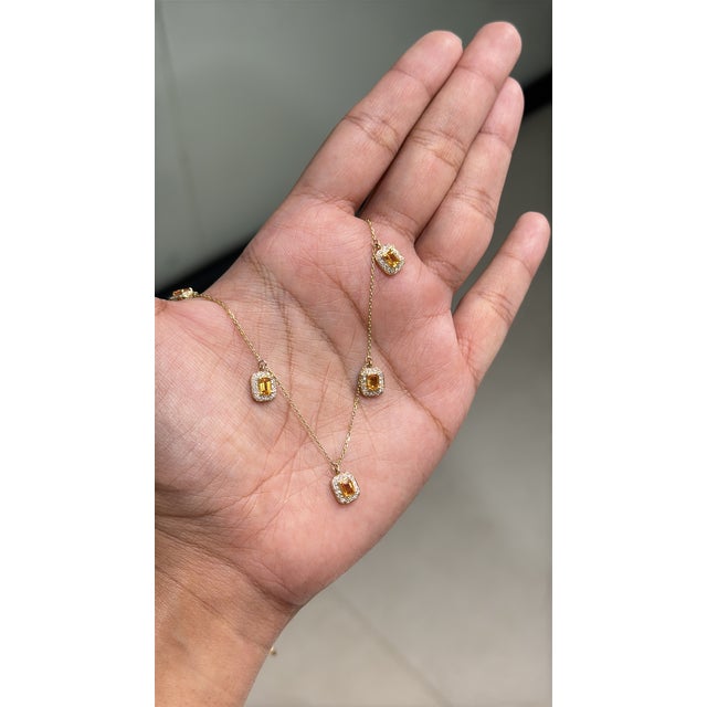 Modern 2.24ct Citrine & Diamond Halo Station Charm Necklace in 14k Yellow Gold For Sale In New York - Image 6 of 18