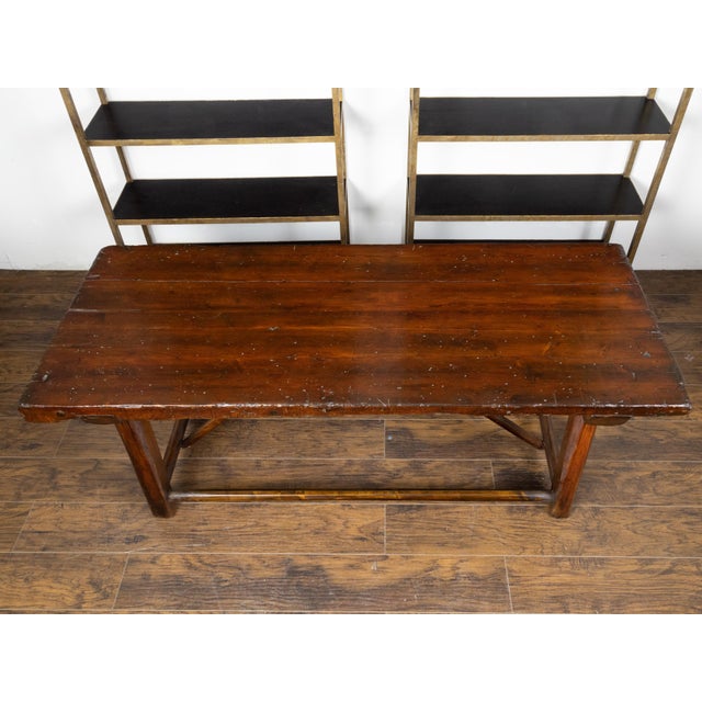 Wood American 1900s Rustic Pine Log Table with Straight Legs and Side Stretchers For Sale - Image 7 of 11