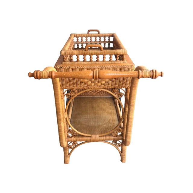 Wood Rare Early 1900’s Heywood Wakefield Rattan & Cane Serving Tea Bar Cart For Sale - Image 7 of 12