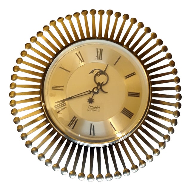 Vintage German Wall Clock in Sunburst Design with Brass Housing from Condor, 1970s For Sale