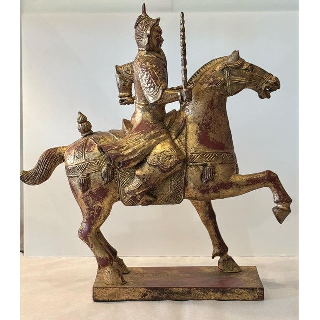 Vintage Tang Dynasty Style Chinese Gilded Wood Horse and Warrior Figure For Sale - Image 4 of 7
