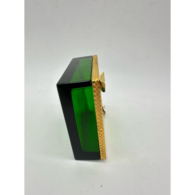 Glass Antique Bohemian Green Crystal Ashtray in Polished Edge Mounted in Bronze on Dark Emerald Green Color in Square Shape, 1920s For Sale - Image 7 of 11