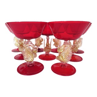 Set of 9 Murano Champagne Coupes Glasses Red & Gold Swans Italian For Sale