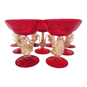 Set of 9 Murano Champagne Coupes Glasses Red & Gold Swans Italian