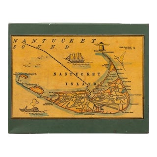 "Enamel Green Catchall Tin Box W/ Antique Map of Nantucket on Lid" For Sale