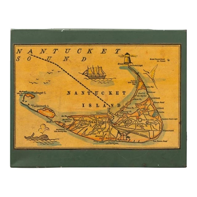 "Enamel Green Catchall Tin Box W/ Antique Map of Nantucket on Lid" For Sale