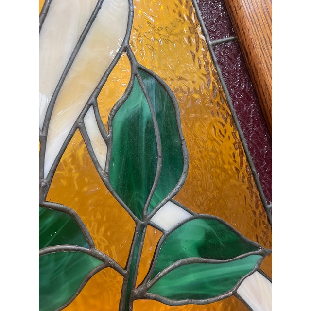 1970s Stained Glass Oak Framed Rose and Vine Pattern Room Divider For Sale - Image 4 of 9