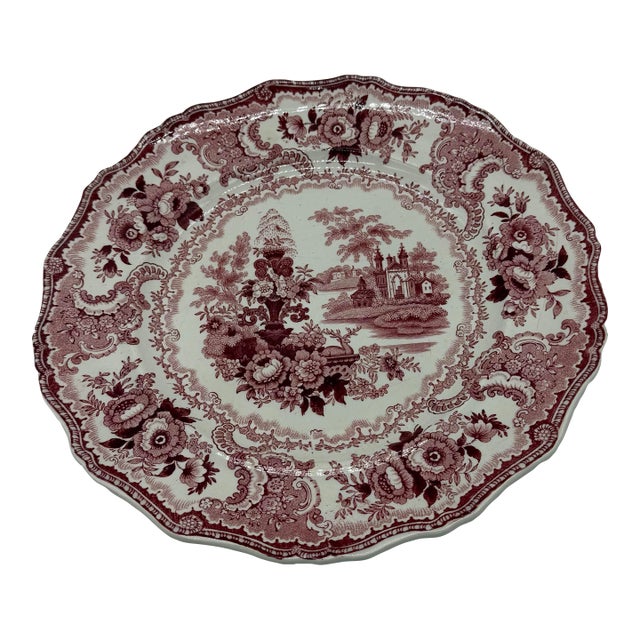 A Antique Staffordshire "Fountain Scenery" Pink Transfer Decorated Plate, 1830’s For Sale