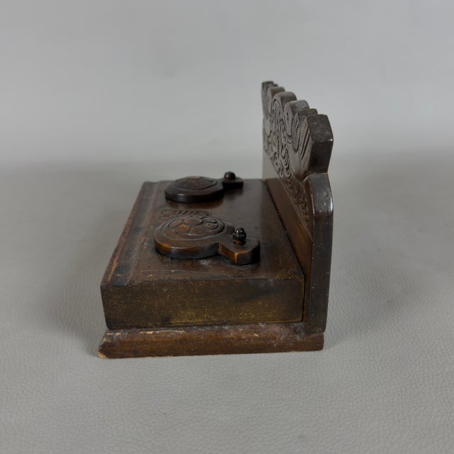 Vintage Double Inkwell Desk in Carved Wood with Glass Trays, 1940s For Sale - Image 4 of 12