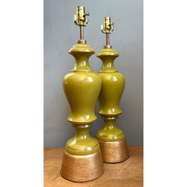 Yellow Vintage Gilt Tipped Painted Glass Lamps - A Pair For Sale - Image 8 of 16