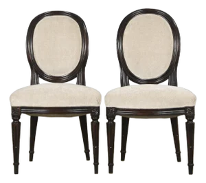 Antique French Louis XVI Style Maple Side Chairs in Beige Chenille - A Pair