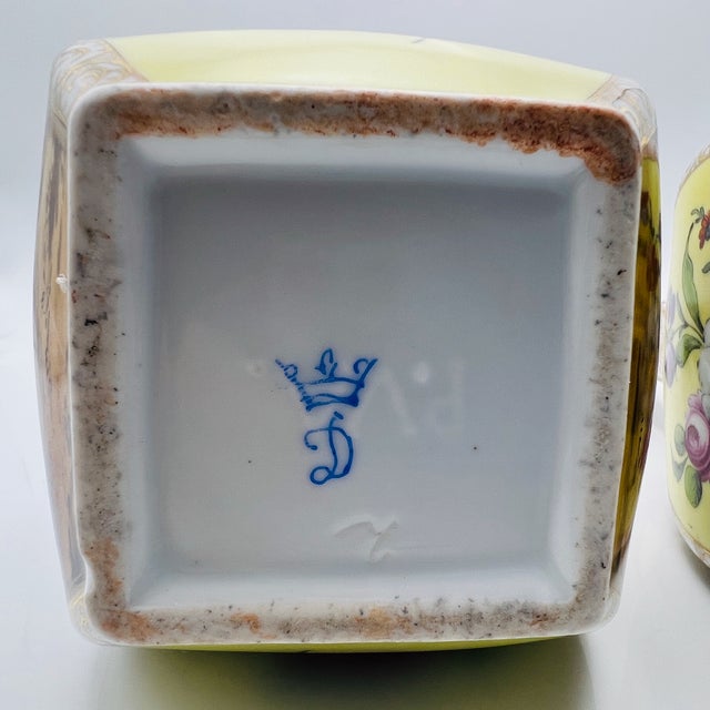 Large 19th Century Hand-Painted Yellow Ground Watteau Porcelain Vases from Dresden, Set of 2 For Sale - Image 12 of 14