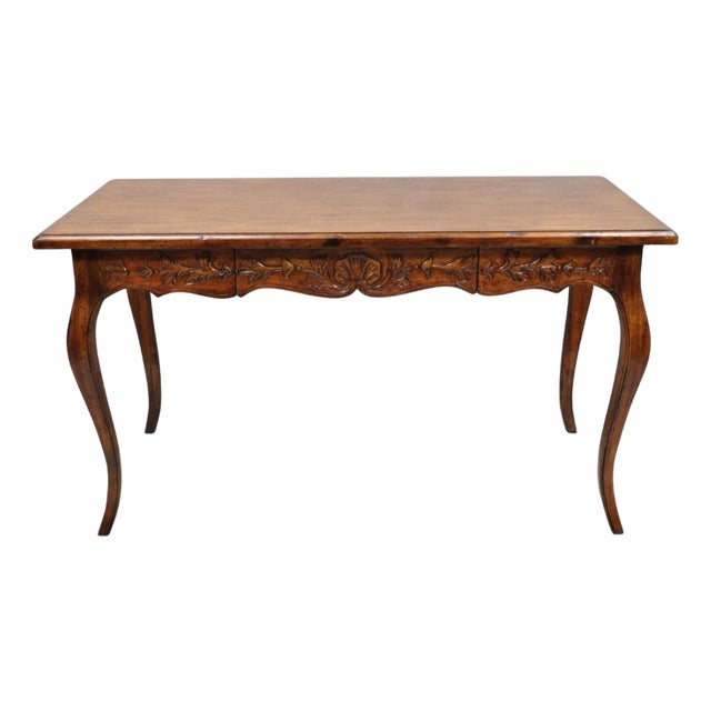 Vintage French Country Pine Wood Distress Floral Carved 1 Drawer Writing Desk For Sale