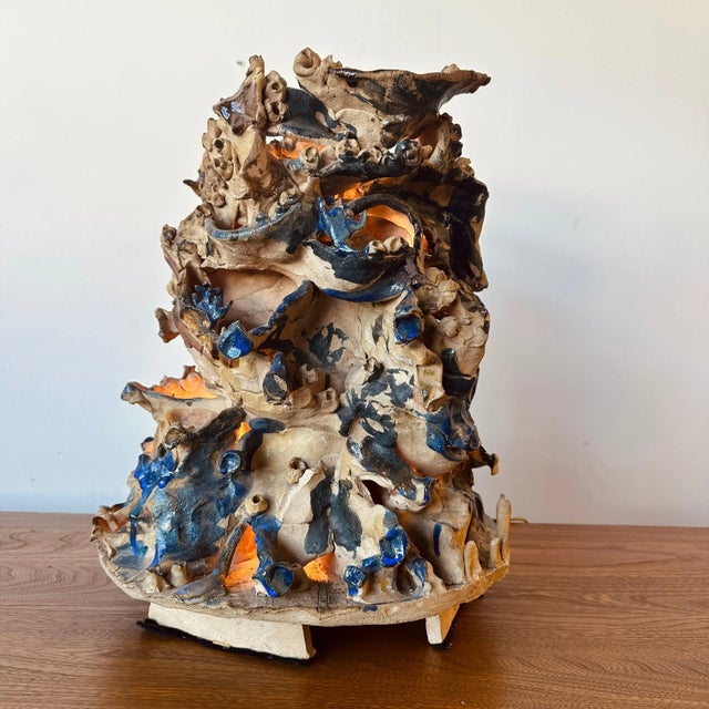 Mid-century ceramic abstract glazed sculptural lamp circa 1970s. Features organic and abstract forms, nodules, and...