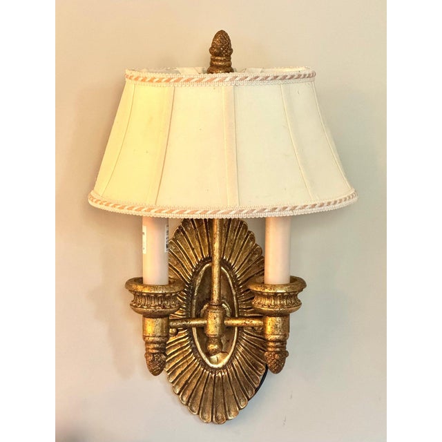 Stunning Pair of Pasquale Miranda for Feiss Neoclassical Sunburst Gilt Wall Sconces This striking pair of petite double-...