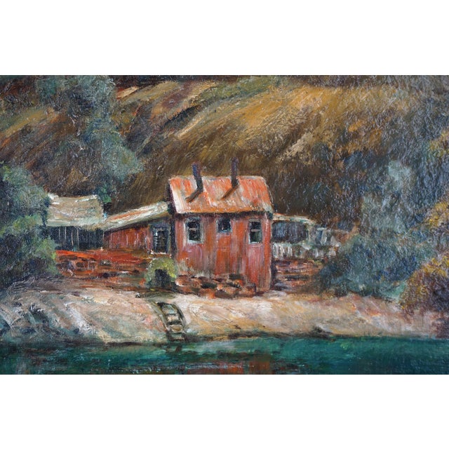 Wonderful mid century autumnal landscape of a miner's shack on Tuolumne River in Yosemite by N.C McNickle (American, 20th...