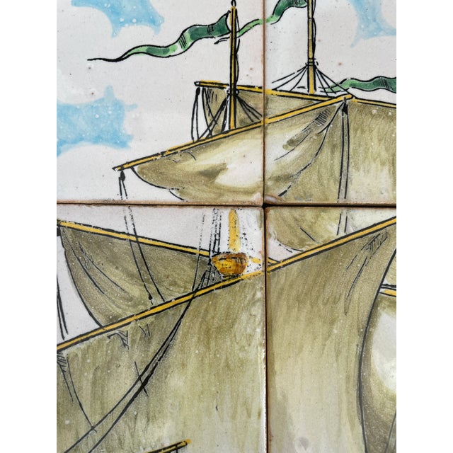 Hand Painted Caravel Sailing Ship Polychrome Portuguese Azulejos Tile Mural - Set of 6 For Sale - Image 4 of 13